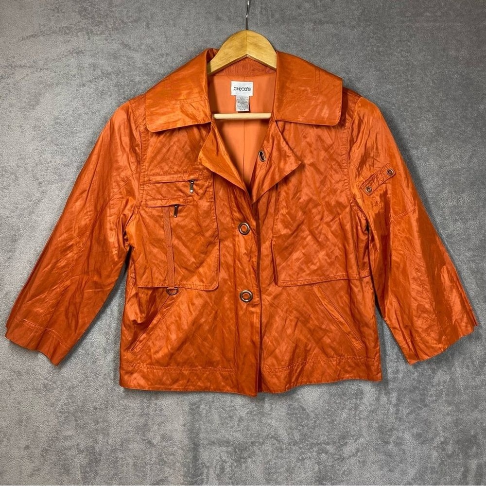 Chico's Womens 0 Small Orange Utility Jacket Metallic Shimmer 3/4 Sleeve